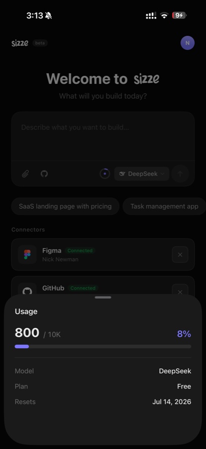 Sizze · usage & plan modal